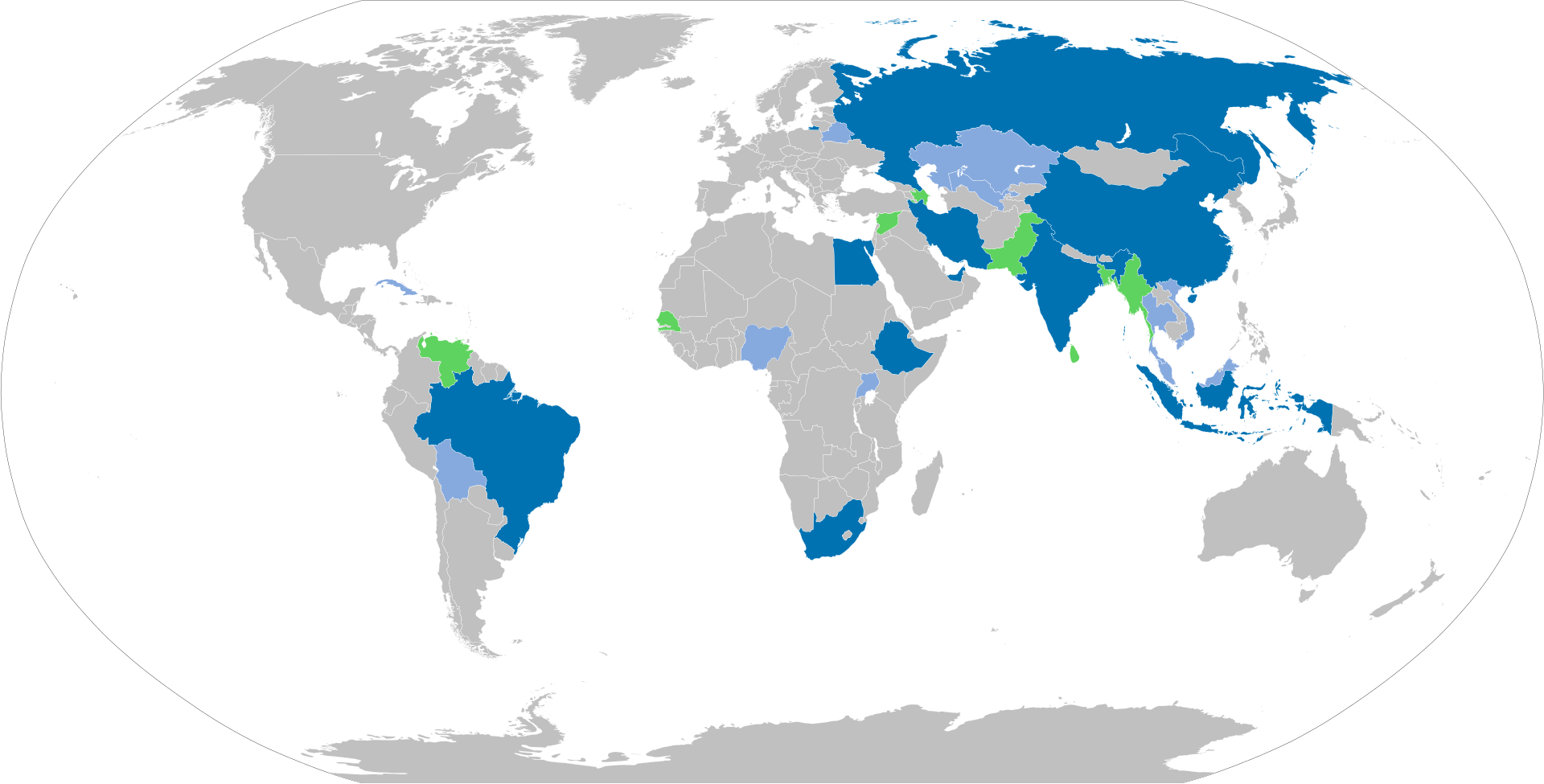 BRICS countries.   BRICS - Brazil, Russia, India, People's Republic of China, South Africa + United Arab Emirates, Egypt, Ethiopia, Iran, Indonesia   BRICS partners - Belarus, Bolivia, Cuba, Kazakhstan, Malaysia, Nigeria, Thailand, Uganda, Uzbekistan and Vietnam. NOT included yet: Algeria, Turkey (did not respond to confirm status, up to June 2025)   BRICS candidates - Azerbaijan, Bangladesh, Myanmar, Pakistan, Senegal, Sri Lanka, Syria (though status unclear after civil war) and Venezuela (though Brazil blocked candidacy as of 2024). NOT included: Algeria and Argentina (withdrew candidateship)